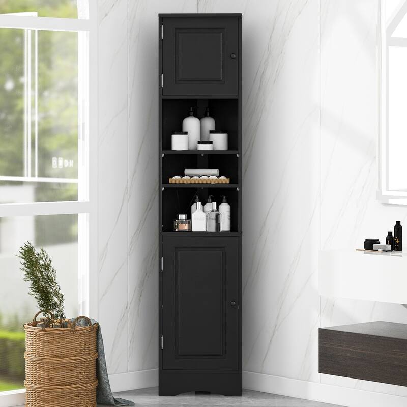 6-Tier Tall Narrow Corner Cabinet, Multi-Functional Bathroom Storage Cabinet, Floor Cabinet with 2 Doors & 3 Adjustable Shelves - Black