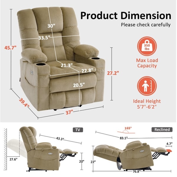 dimension image slide 2 of 5, MCombo Large Dual Motor Power Lift Recliner Chair with Massage and Dual Heating for Big and Tall Elderly People, Fabric 7634