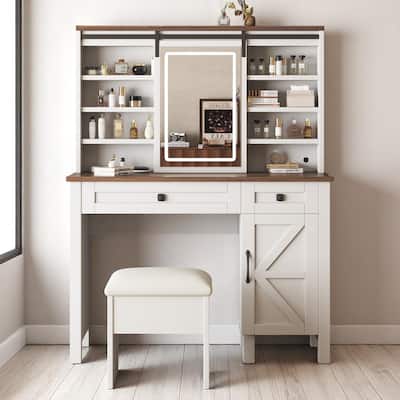 Rustic Makeup Vanity with Lights, Hair Dryer Holder & Charging Socket - Sliding Mirror, Shelves & Cabinet