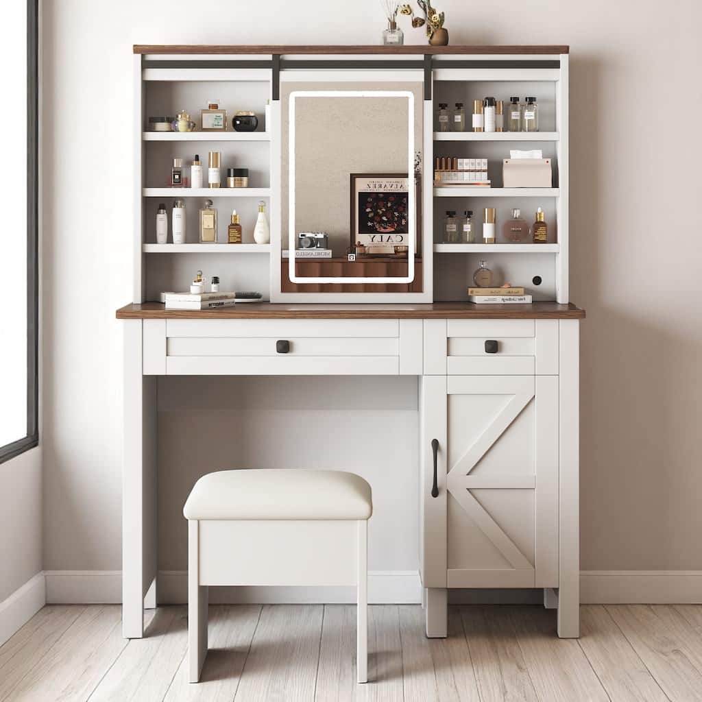 Rustic Makeup Vanity with Lights, Hair Dryer Holder & Charging Socket - Sliding Mirror, Shelves & Cabinet