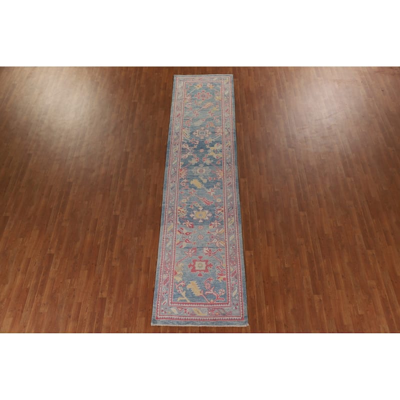 Vegetable Dye Oushak Turkish Runner Rug Handmade Floral Wool Carpet - 3'1"x 12'10"