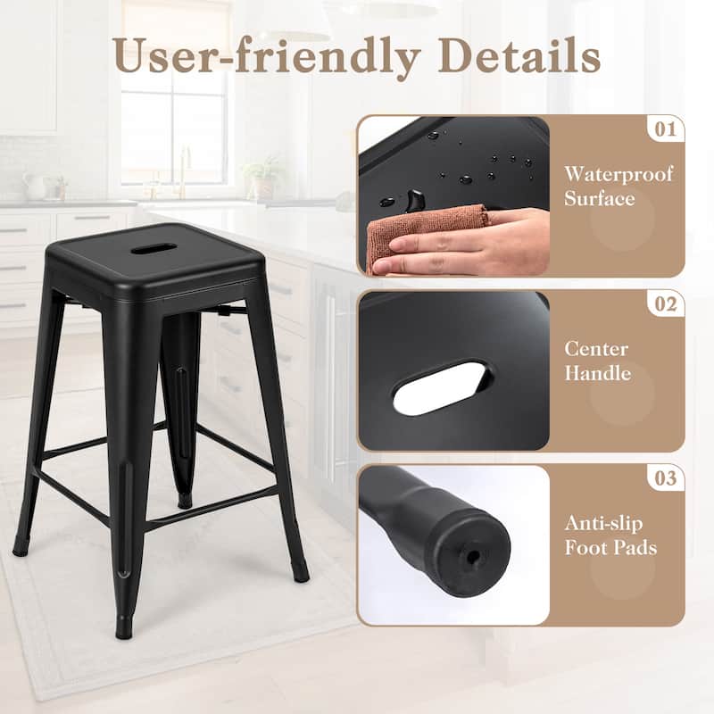 4-Piece 24" Space Saving Stackable Metal Bar Stools with Footrest for Kitchen or Patio - 16" x 16" x 24"