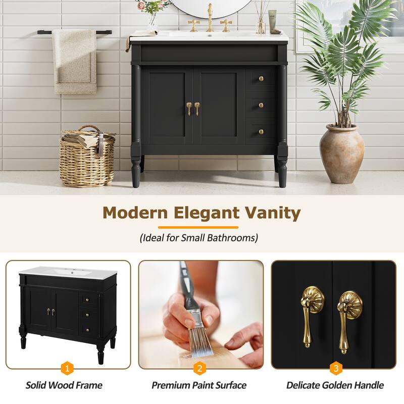 GDFStudio - Hellie 36" Modern Bathroom Vanity with Ceramic Sink - Soft-Close Doors, Drawers & Adjustable Storage