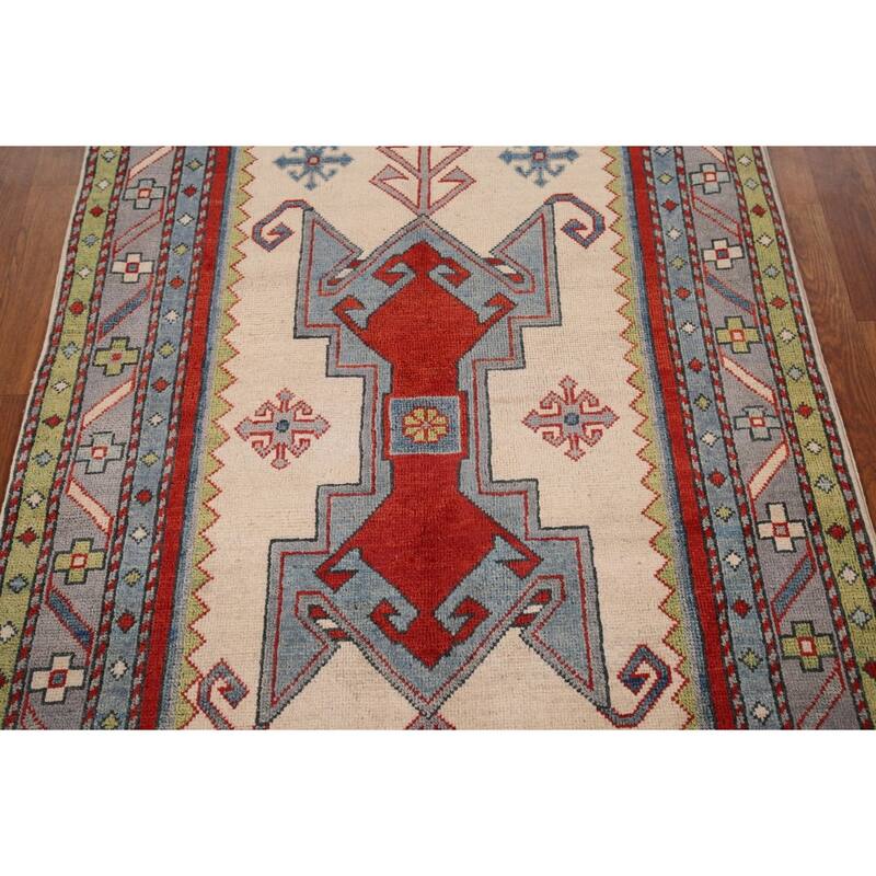 Ivory Geometric Kazak Oriental Foyer Rug Handmade Wool Carpet - 3'3" x 4'11"