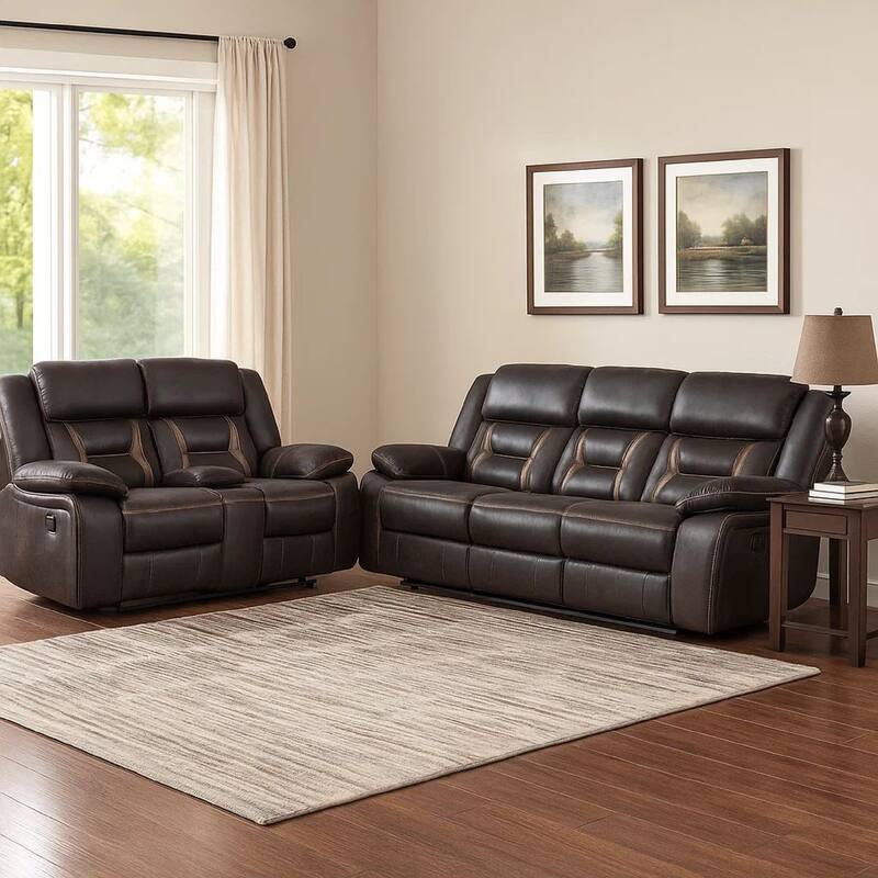 Garie 2pc Manual Reclining Sofa and Loveseat Set, Brown Faux Leather