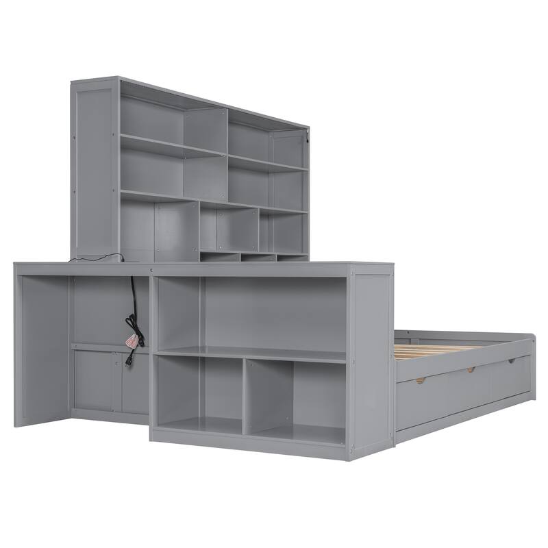 Full Size Wooden Daybed with Desk, Shelves, Drawers, and Lights in Gray