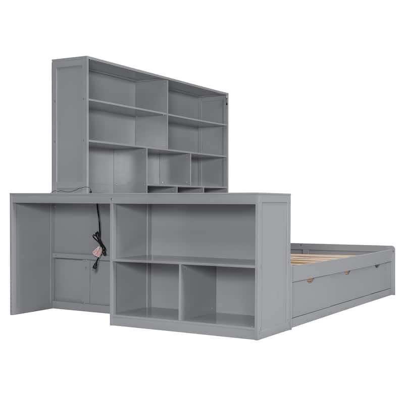Modern Full Size Wooden Daybed with Built-In Desk, 3 Storage Drawers & Open Compartment Shelving by Harper&Bright Designs