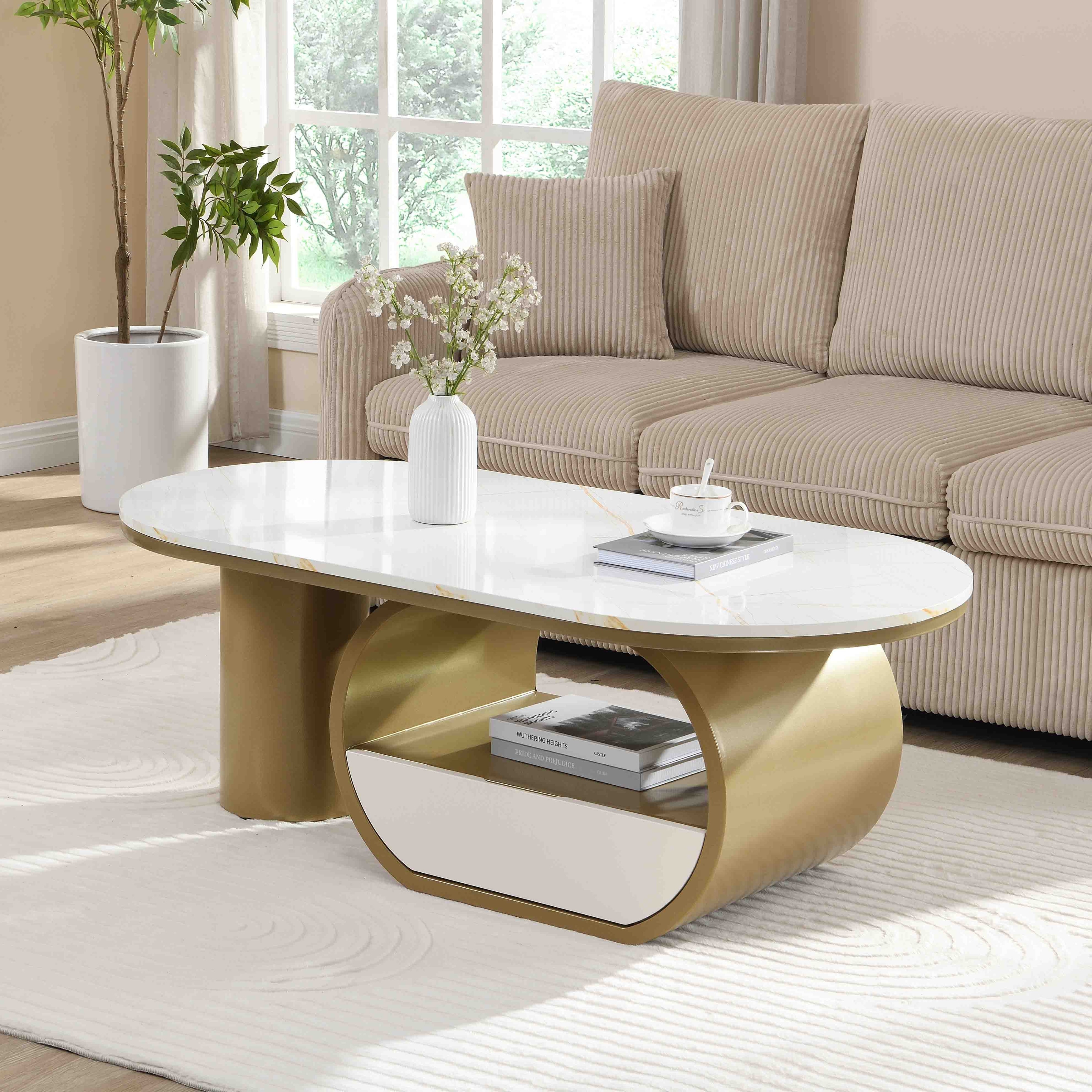 Modern Coffee Table with Storage Drawer & Shelf, Oval Accent Table with Adjustable Feet & Marble Top