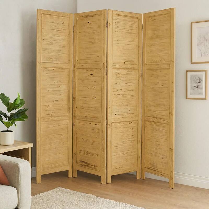 Wooden 4 Panel Foldable Floor Screen with Textured Panels, Yellow