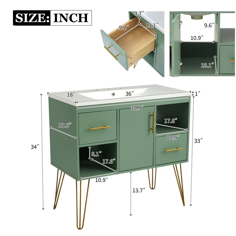 Freestanding Green Storage Cabinet for Bathroom Vanity with Resin Sink, 2 Drawers, 2 Storage Compartments and Gold Handles