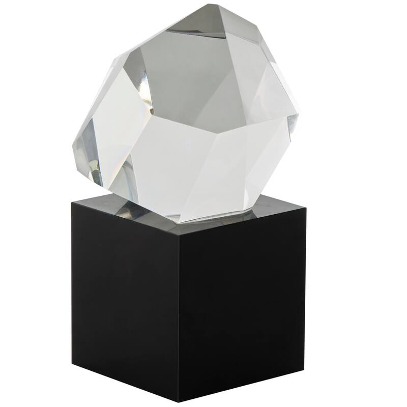 Clear Glass Cut Stone Inspired Sculpture with Black Base