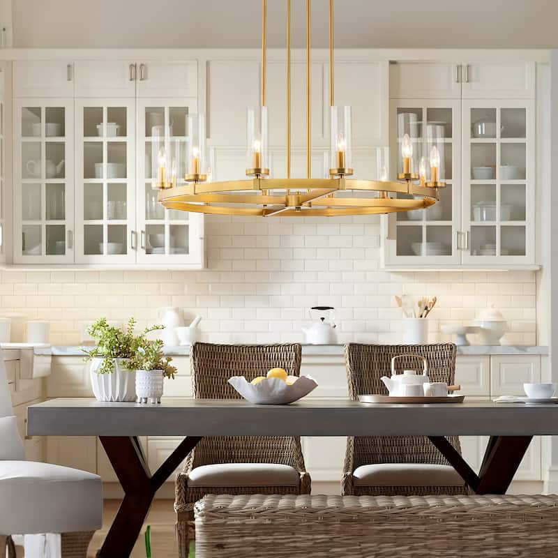 12-Light Mid-Century Modern Gold/Black Clear Glass Large Wagon Wheel Chandelier for Dining Room/ Living Room