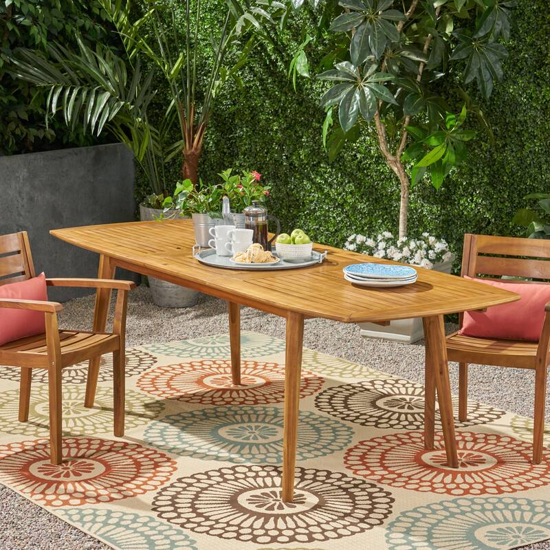 Roomfitters Outdoor Expandable Acacia Wood Dining Table with Tapered Legs and Slat Top, Teak Wood Finish