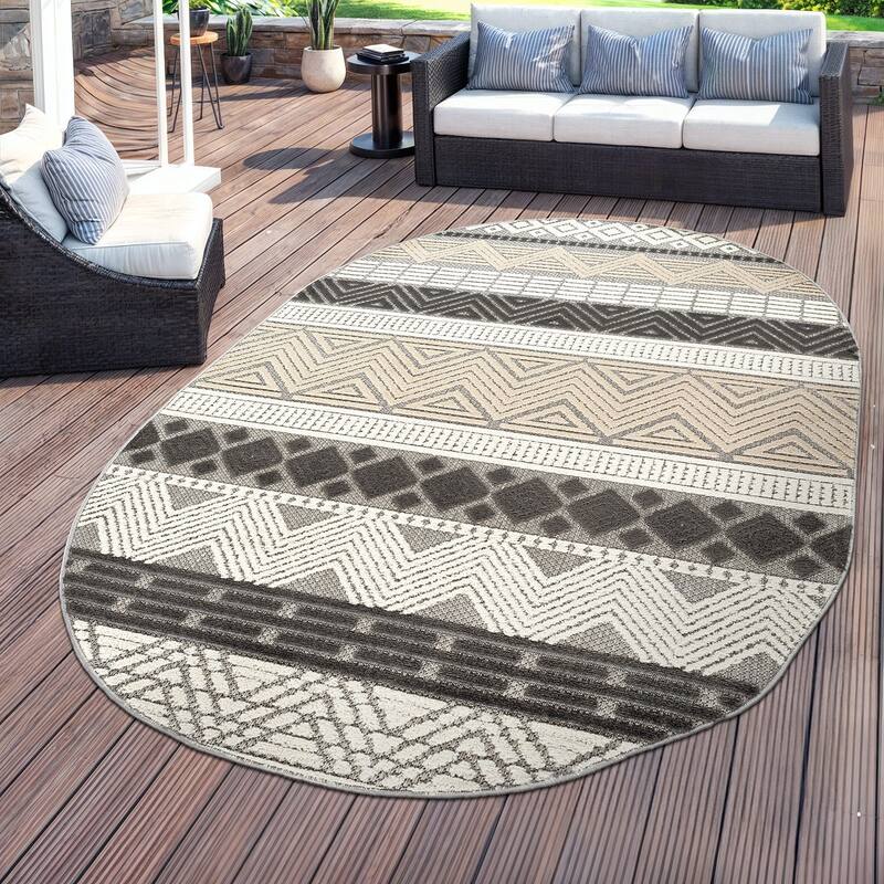 Marbella Contemporary Boho Indoor/Outdoor Area Rug - 5' X 7' OVAL - Gray