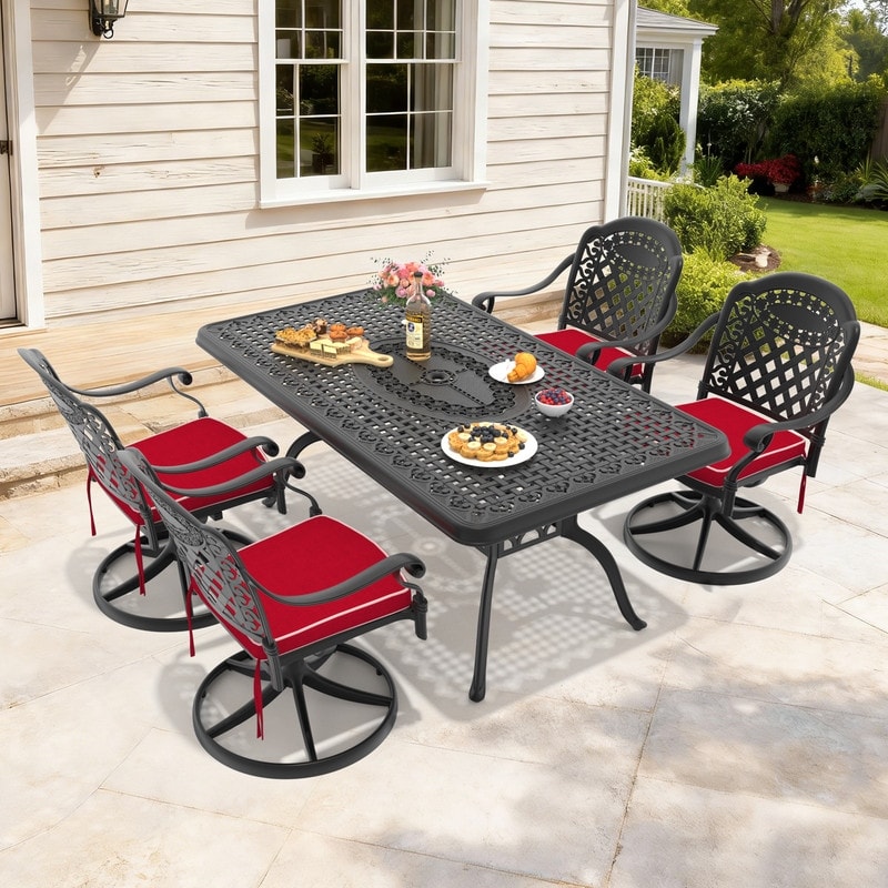 66.93in Rectangle Cast Aluminum Outdoor Dining Table and 4 Swivel Black Frame Outdoor Chairs with Cushions