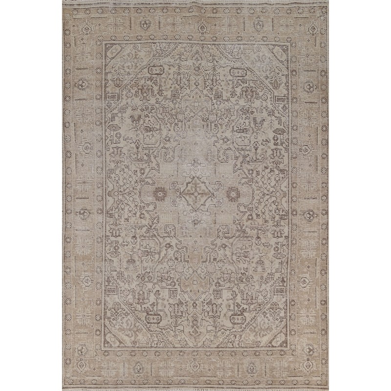 Distressed Geometric Tabriz Persian Antique Rug Handmade Wool Carpet - 6'4"x 9'5"