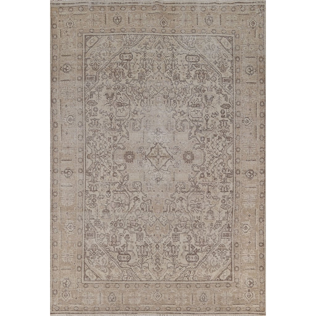 Distressed Geometric Tabriz Persian Antique Rug Handmade Wool Carpet - 6'4"x 9'5"