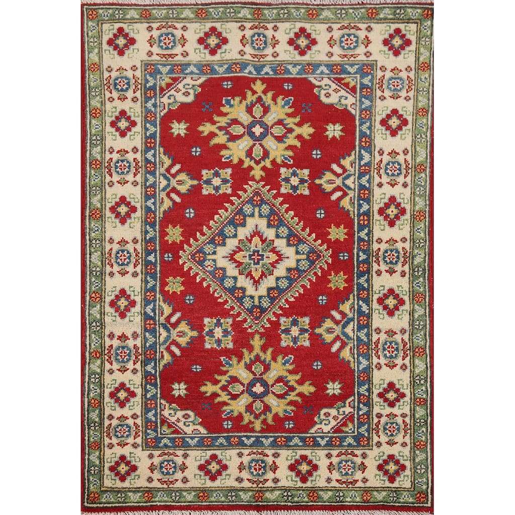 Red Geometric Kazak Foyer Rug Handmade Traditional Wool Carpet - 2'10" x 4'1"