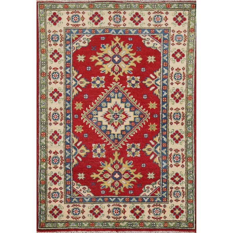 Red Geometric Kazak Foyer Rug Handmade Traditional Wool Carpet - 2'10" x 4'1"