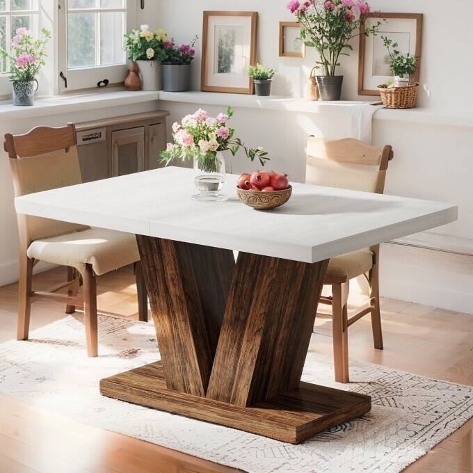 47-Inch Wooden Dining Table with Heavy Duty Pedestal, Farmhouse Kitchen Dinner Table for Home - White & Brown