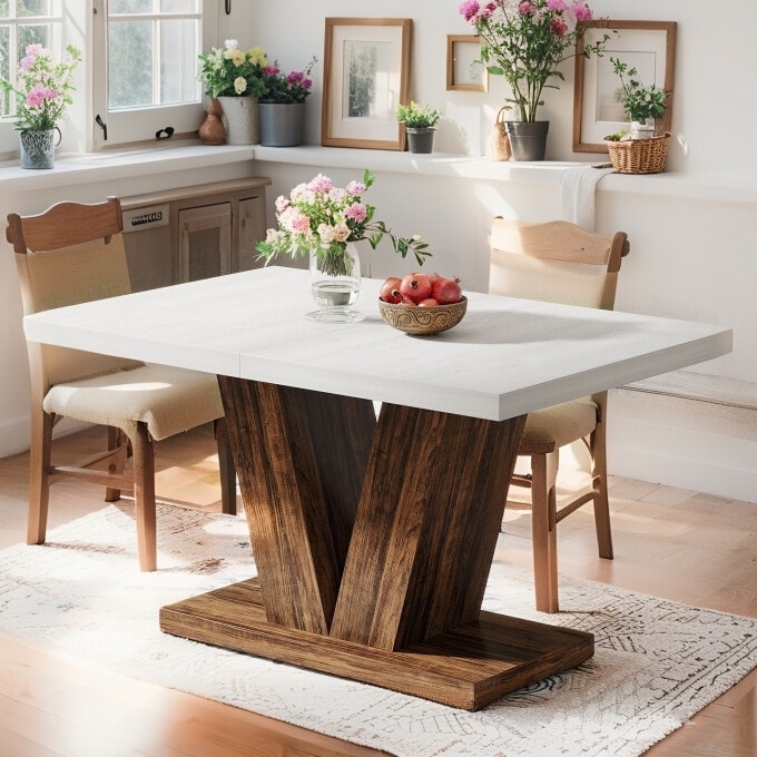 47-Inch Wooden Dining Table with Heavy Duty Pedestal, Farmhouse Kitchen Dinner Table for Home