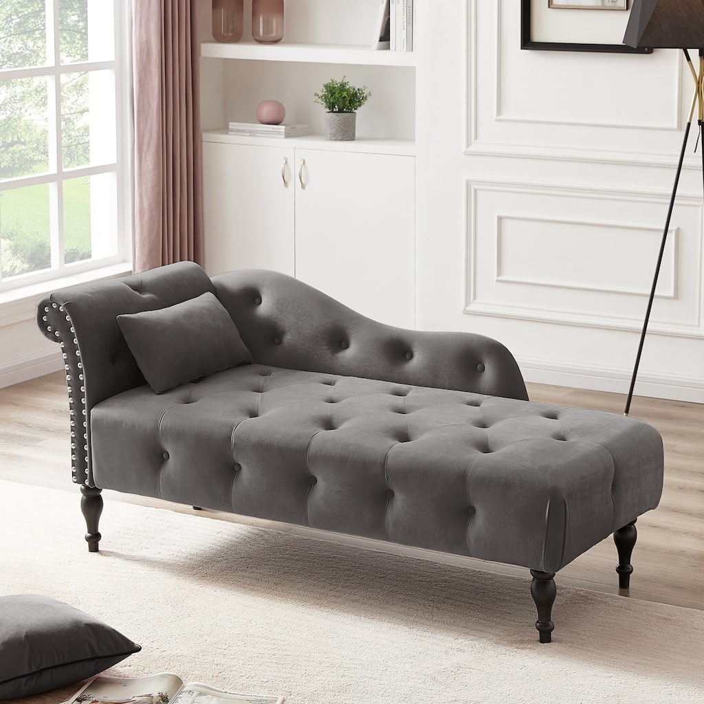 Grey 60.6" Velvet Chaise Lounge Buttons Tufted Nailhead with Solid Wood Legs, 1 Pillow