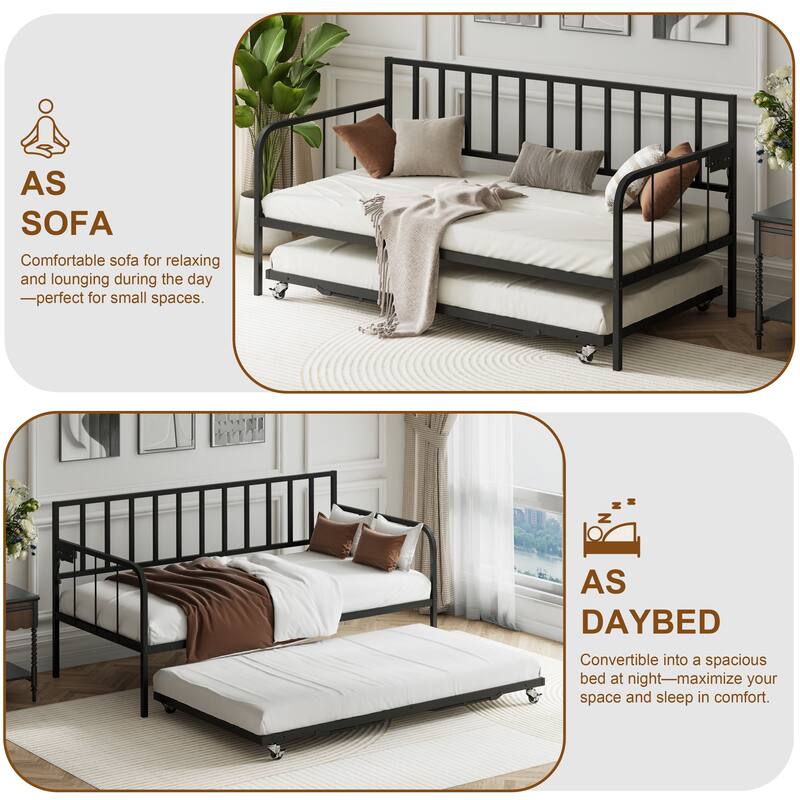 Space-Saving Twin Daybed with Trundle, Heavy Duty Metal Frame, Under-Bed Storage, for Living Room, Bedroom, Guest Room