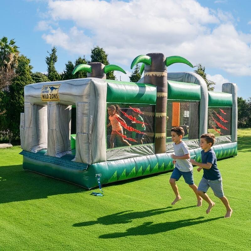 HeroKiddo T-Rex Adventure 20' Inflatable Obstacle Course, Commercial Grade PVC Vinyl, for Kids and Adults, with Air Blower