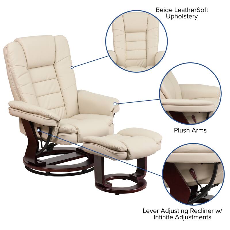 Contemporary LeatherSoft Recliner with Horizontal Stitching and Ottoman