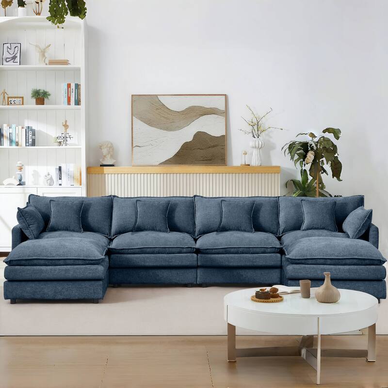 U Shaped Modular Sectional Sofa with Movable Ottoman, Comfy Chenille 4-Seater Cloud Couch, High-Resiliency Foam Deep Seat Sofa