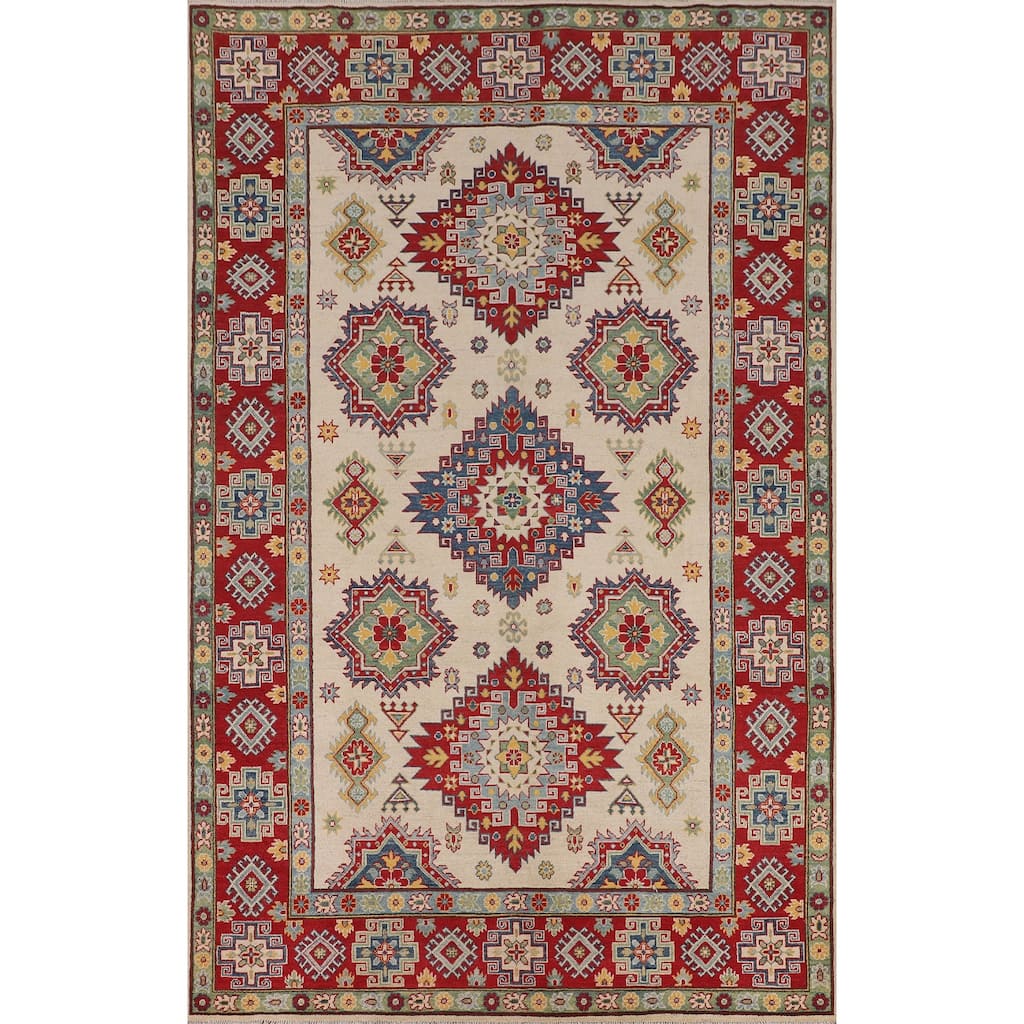 Beige / Ivory Traditional Kazak Oriental Area Rug Handmade Wool Carpet - 6'7" x 9'10"