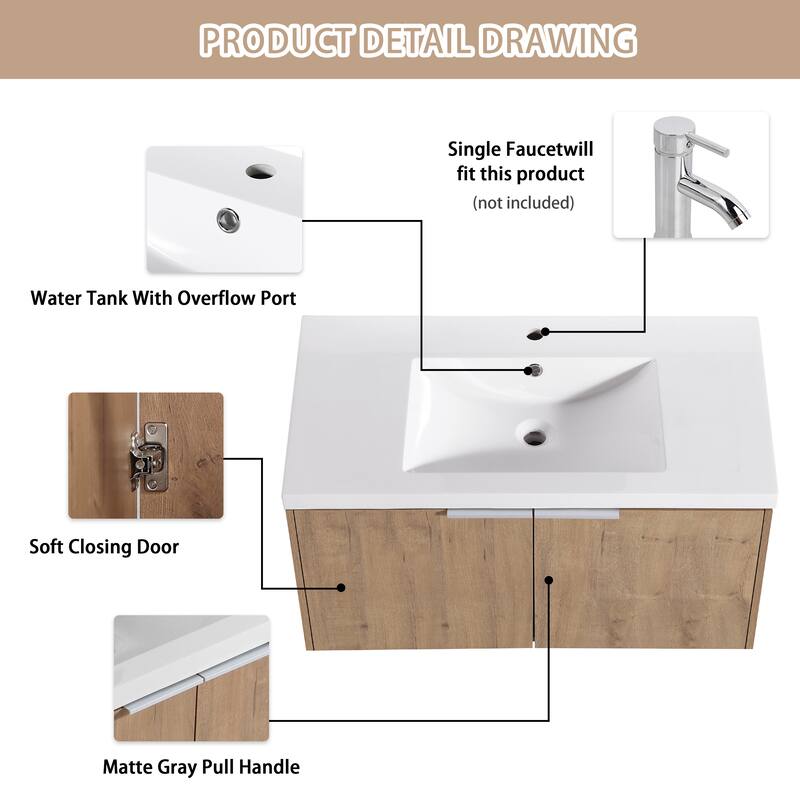 Bathroom Vanity With Sink In 24/30/36 Inch, Floating Bathroom Vanity With Soft Close Door
