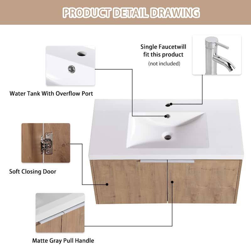 Beingnext 24"/30"/36" Bathroom Vanity with Sink, Floating Bathroom Vanity with 2 Soft Close Doors