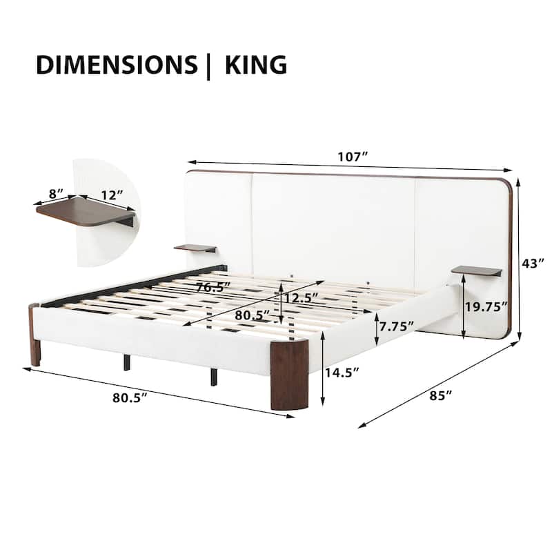 Christopher Knight Home - Modern Boucle Upholstered Platform Bed with Built-In Floating Shelves