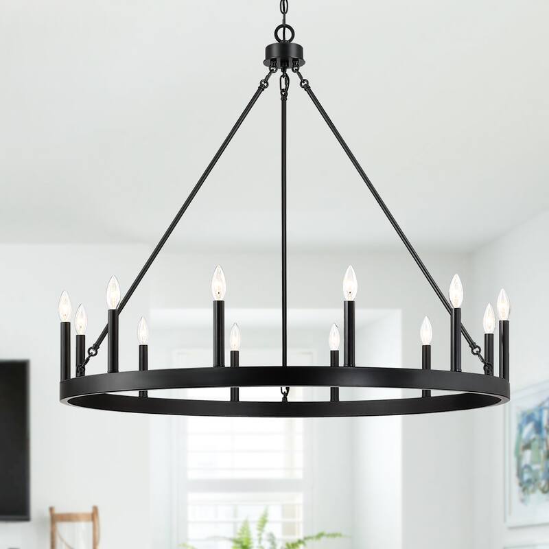 12-Light Black Candle Style Wagon Wheel Chandelier - 12 light-40"W - 12 light-40"W