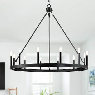 12-Light Black Candle Style Wagon Wheel Chandelier - 12 light-40"W