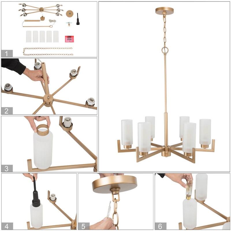 Modern Gold 6-Light Frosted Glass Wagon Wheel Chandelier for Dining Living Room - 27.5"Dx30.5"H