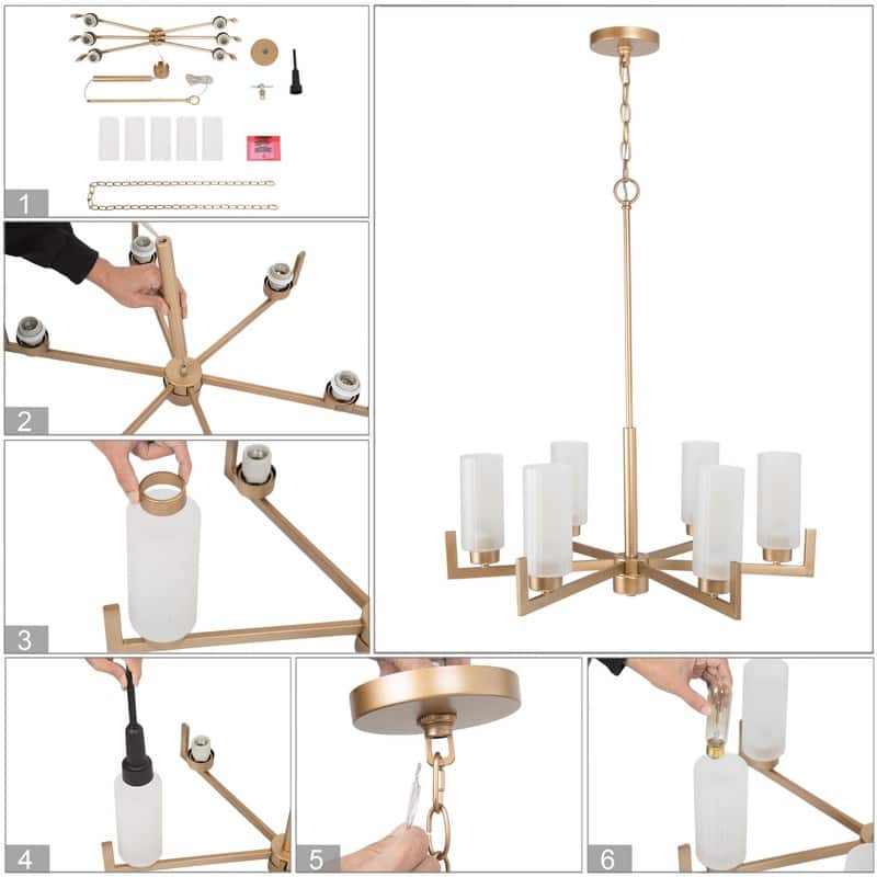 Modern Gold 6-Light Wagon Wheel Glass Chandelier for Dining Room - D27.6" x H30.7"