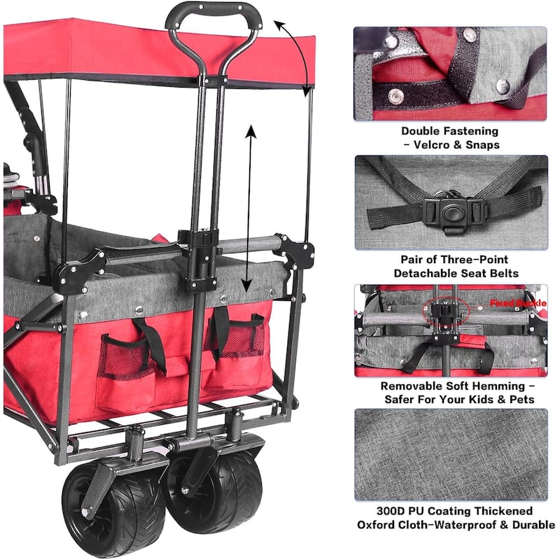 Deluxe 143L Collapsible Wagon with Removable Canopy & Cooler Bag - All-Terrain Wheels with Brake