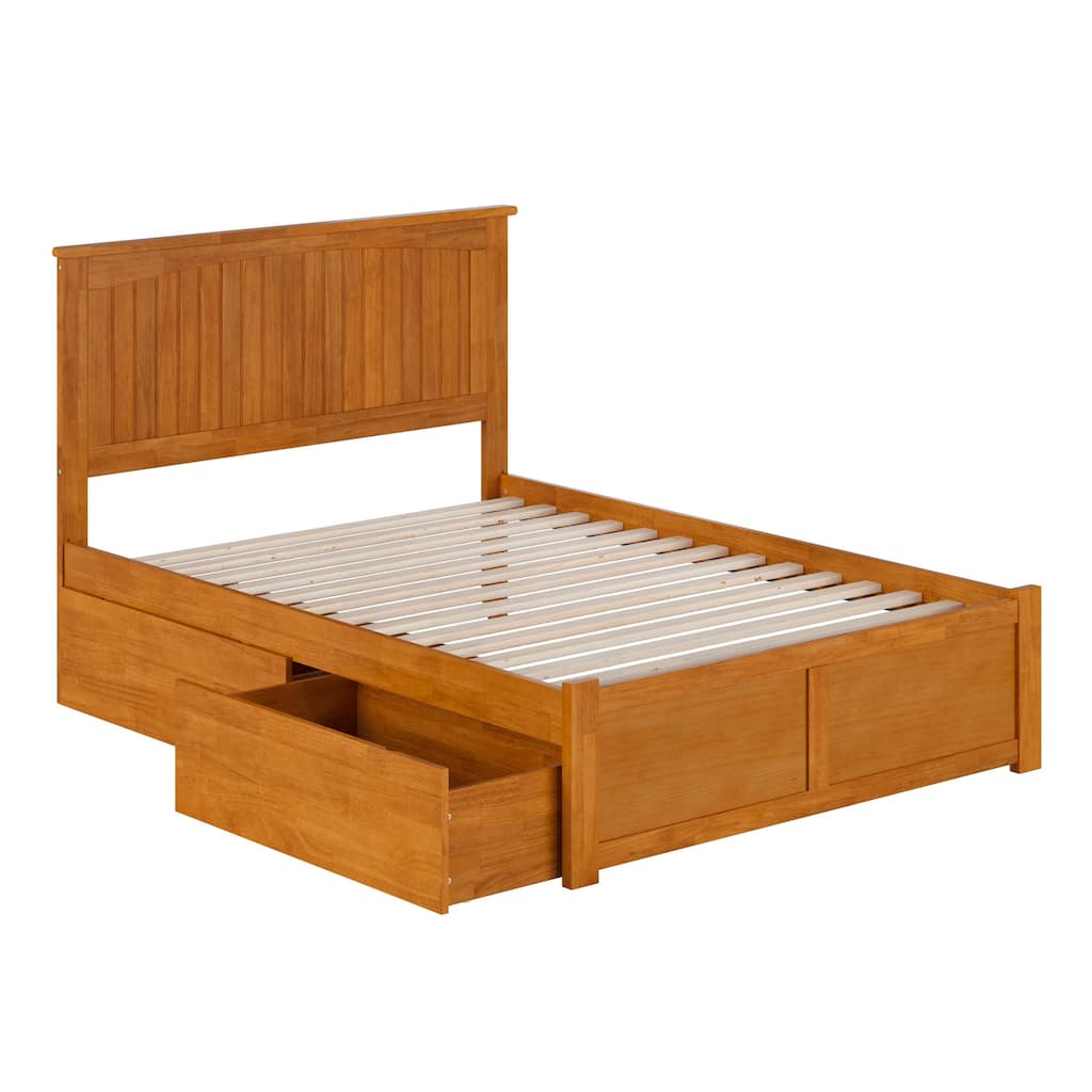Nantucket Full Solid Wood Platform Bed with Footboard & 2 Storage Drawers in Light Toffee