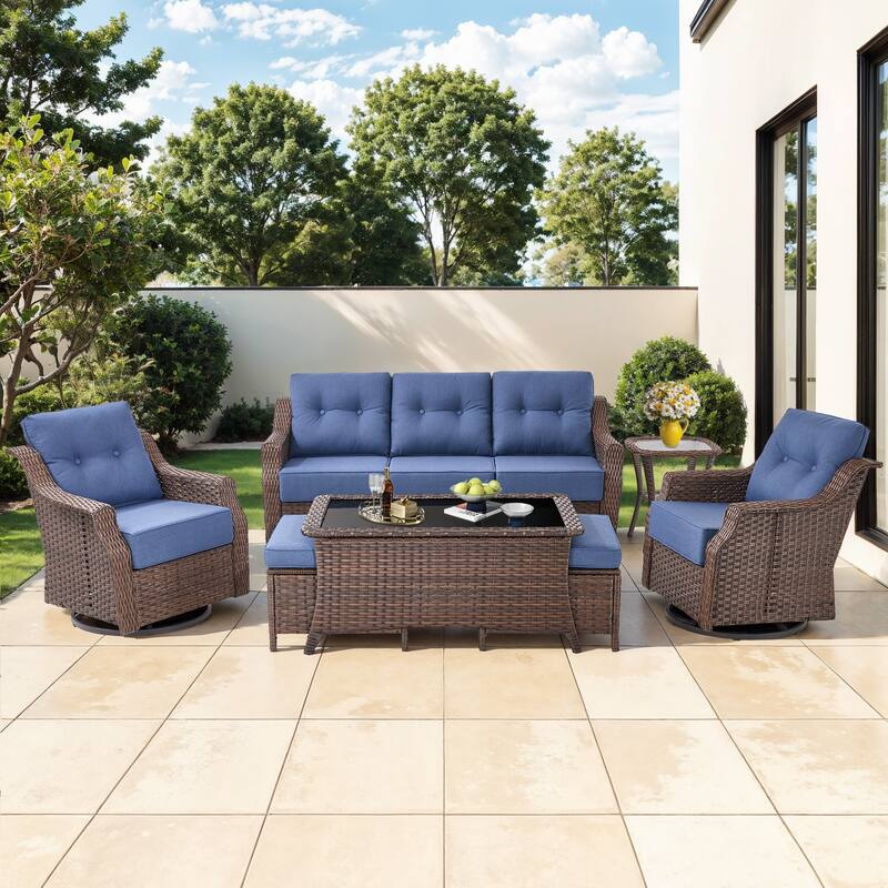 Gymojoy Wicker Patio Furniture Sofa Set, 6-Inch Ultra Thick Cushioned 360°Swivel Glider Chairs & Sofa Set