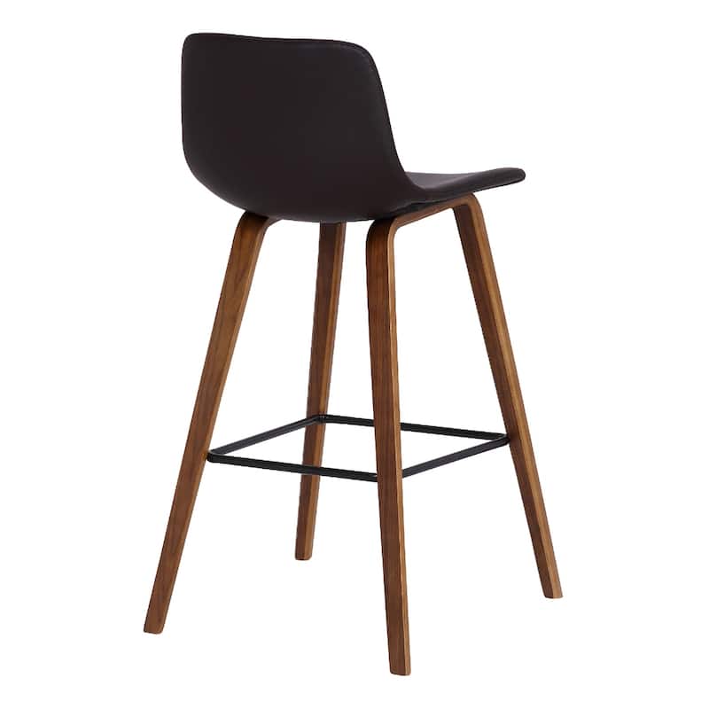 Brown Faux Leather Counter Height Bar Chair with Walnut Wood Frame and Footrest - 19.5” x 18” x 35” (D x W x H)
