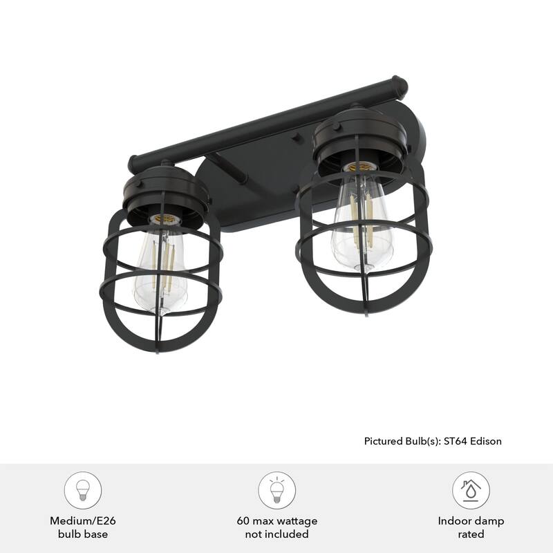 Hunter Starklake 2 Light Vanity Wall Light, Modern Industrial, Cage, Rustic, Modern Farmhouse