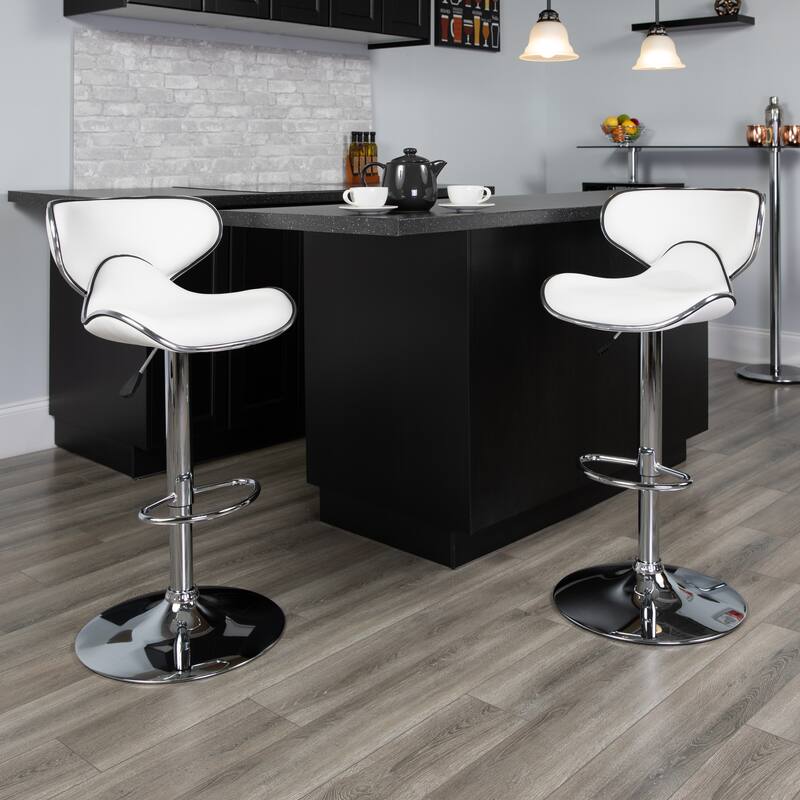2 Pack Contemporary Mid-Back Vinyl Adjustable Height Barstool with Chrome Base - 16"W x 17.5"D x 34.5" - 43"H - White