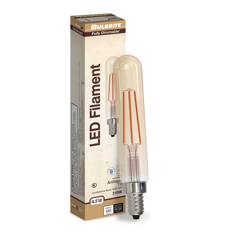 Bulbrite LED Filament Pack of (4) 5 Watt Dimmable T8 Light Bulb with Antique Glass Finish and Candelabra (E12) Base