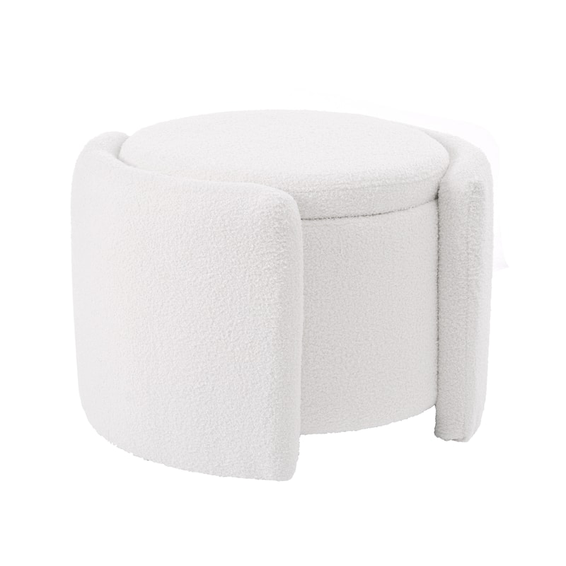 Round Ottoman teddy fleece cushioned footpads living room and bedroom footstool with storage space - White
