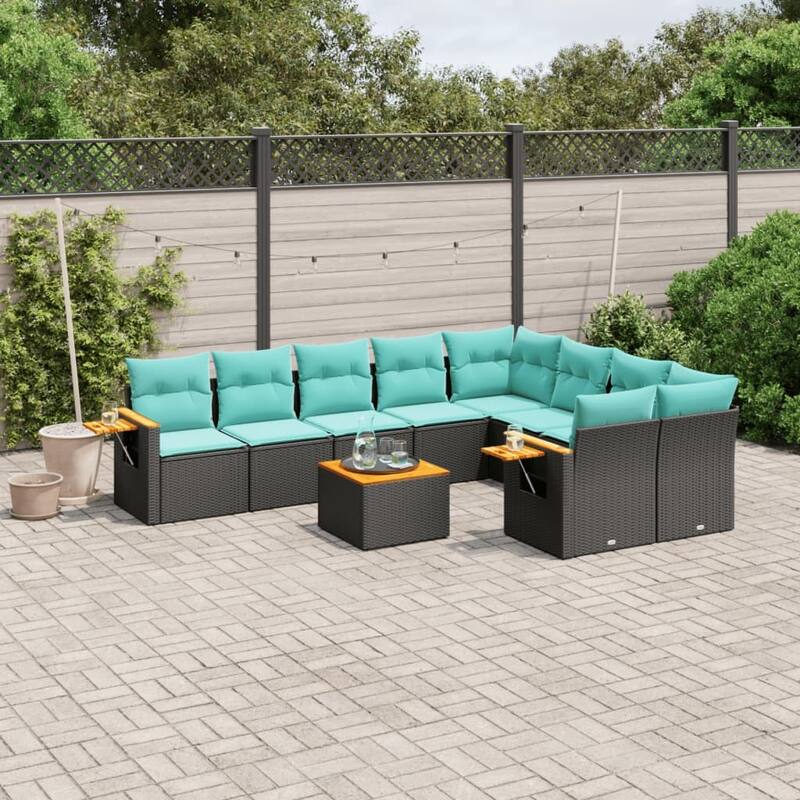 vidaXL 9 Piece Patio Sofa Set with Cushions Black Poly Rattan - 21.7x27.2x24.4-With table