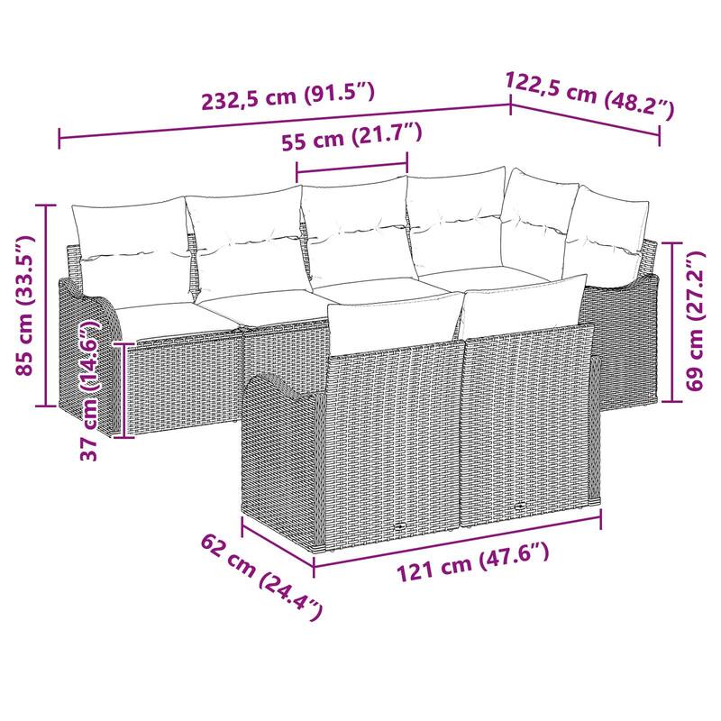 vidaXL 7 Garden Sofa Set with Cushions Black Poly Rattan - 91.5 x 48.2 x 27.2