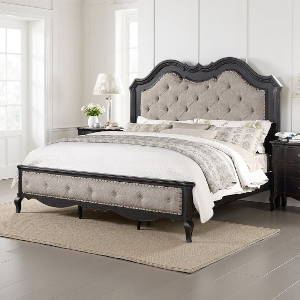 Chery Queen Size Bed with Button Tufted Headboard, Beige Upholstery, Black