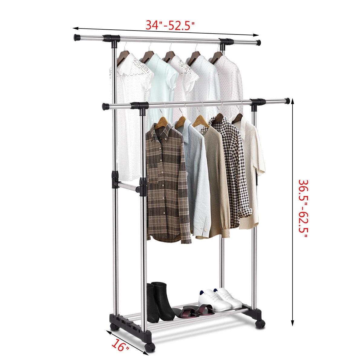 Shop Gymax Adjustable Double Rolling Garment Clothes Organizer Shoe Rack Shelf Hanger Black Overstock 23053995